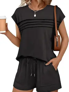 2-Piece Short-Sleeve Wide-Leg Pants SetDrawstring Waist + Draped Fabric | Comfy Pick for Daily Commutes