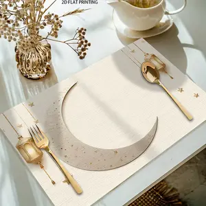 2D flat printing, 2-piece/4-piece/6-piece/8-piece set of Ramadan meal mats, featuring a golden crescent lantern design, perfect for holiday family gatherings and dining arrangements. It's an exquisite table decoration for your dining table