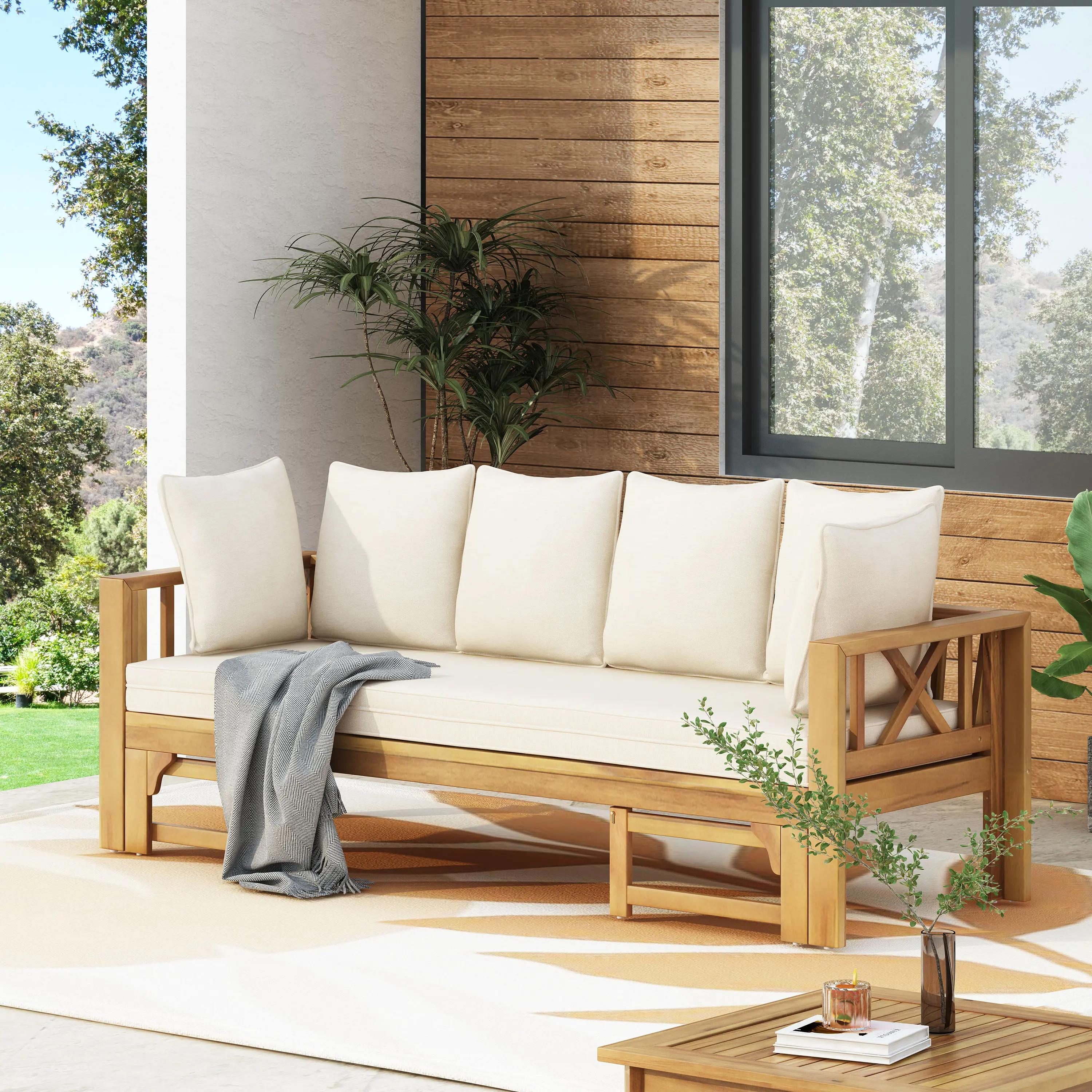 Convertible Outdoor Sofa Daybed, Acacia Wood Frame with Water-Resistant Cushions, Extendable 3-Seater Patio Lounger, Teak Finish, Rustic X-Frame Design, Full Size