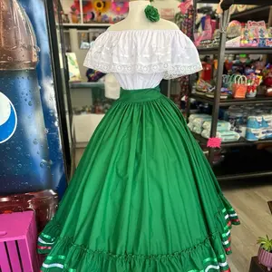 2 piece set Folklore Mexican Solid  skirt and blouse Womenswear