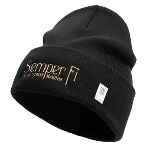 United States Marines Semper Fi Logo Embroidered 12 Inch Solid Knit Cuff Long Beanie Made in USA