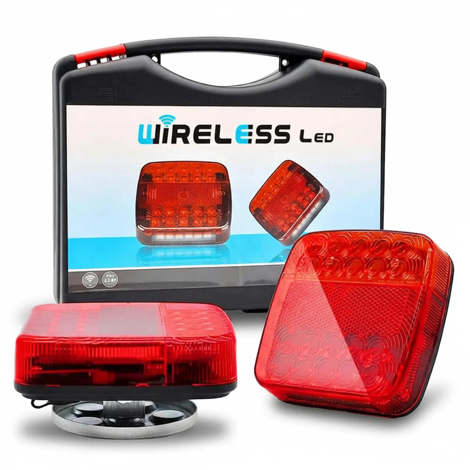 Wireless Magnetic LED Trailer Tow Lights Kit, 12V IP67 Waterproof Rechargeable 7-Pin Plug Set with Tail Stop Turn Signal License Plate Functions, 30m Range for RV Pickup Trucks Marine Boats, 30 Meters