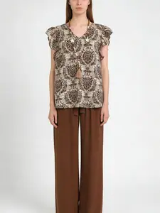 Two-piece women's printed loose lotus sleeve T-shirt top with plain belt plain long pants bottom, suitable for summer, suitable for daily casual, wear, Casual Lounge Set