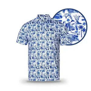 White Hawaiian Tropical Shirt - Blue Print Design, Short Sleeve, Casual Style, Suitable for Men and Kids