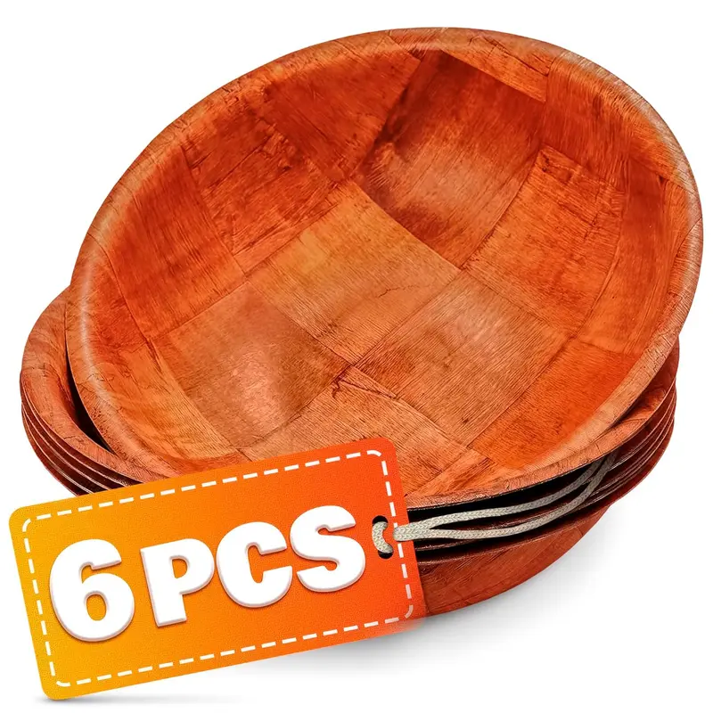6Pcs Wooden Salad Bowl Set - Decorative Bowls for Kitchen - Large Serving Bowls for Entertaining - 8 Inch Fruit Bowl for Kitchen Counter - Tableware