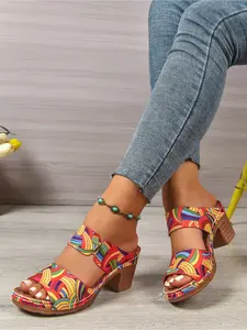 Ladies' rainbow striped thick heel sandals with summer exposed toes, thick soled high-heeled slippers for casual wear, one-piece sandals for outerwear
