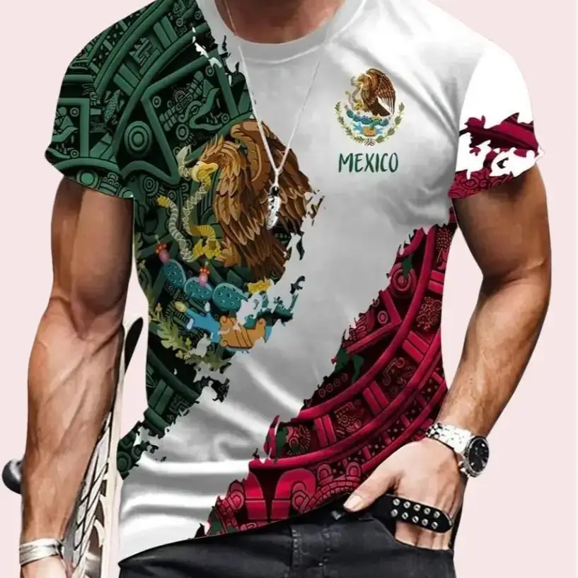 Mexican Theme 3D Digital Men's Long Human Gamis Round Neck Fitted Shortsleeve T-Shirt Crewneck Spandex Top Day Wear Fabric Menswear Collar Comfy Flag