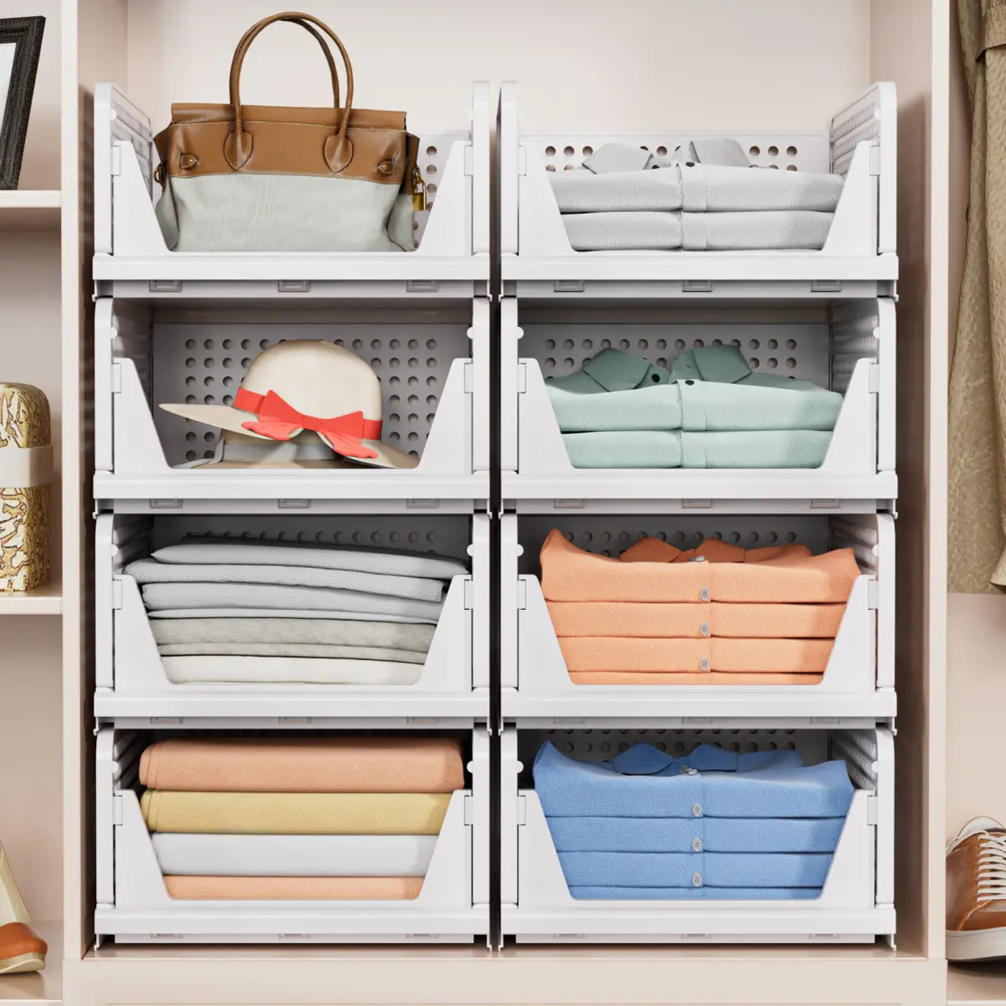 10-Pack Foldable Closet Storage Boxes with Lids - Stackable Plastic Drawer Bins for Wardrobe, Cupboard, Kitchen, Bathroom & Office - Collapsible Organizer Baskets for Clothes, Toys & Household Items