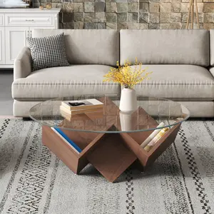 The Round Coffee Table with Glass Top and Geometric Abstract Art Deco Base Storage Shelves, Walnut, 35.4"