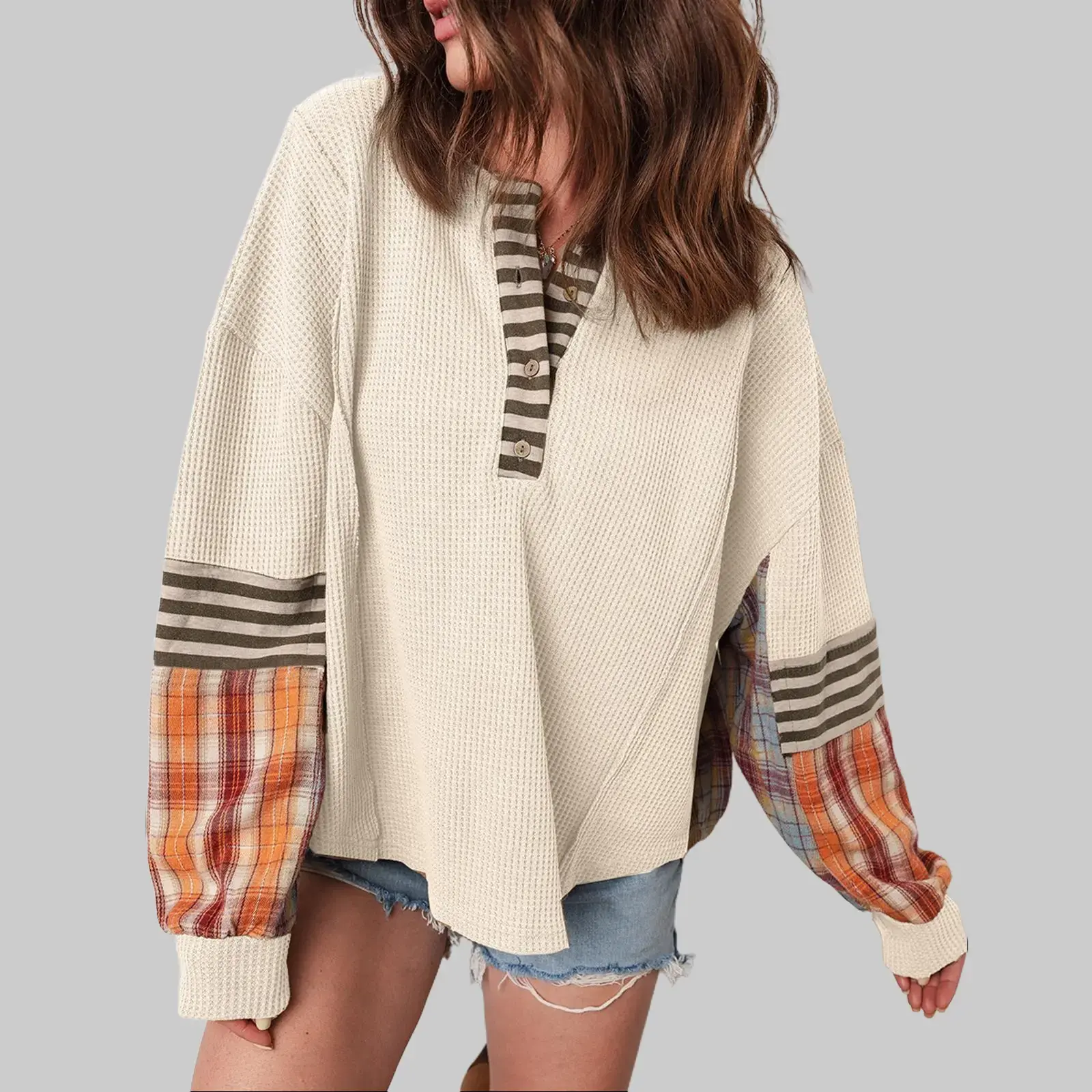 Women's Beige Waffle Knit Henley Top - Boho Casual Jumper, Longsleeves, Loose Baggy Fit, Pull-On Clothes with Button Detail, Stripe Plaid Patchwork, Drop Shoulders