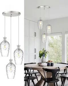 3-Light Pendant Lighting, Modern Brushed Nickel Chandelier with Hammered Glass Cluster Hanging Light for Kitchen Island Dining Room Bedroom