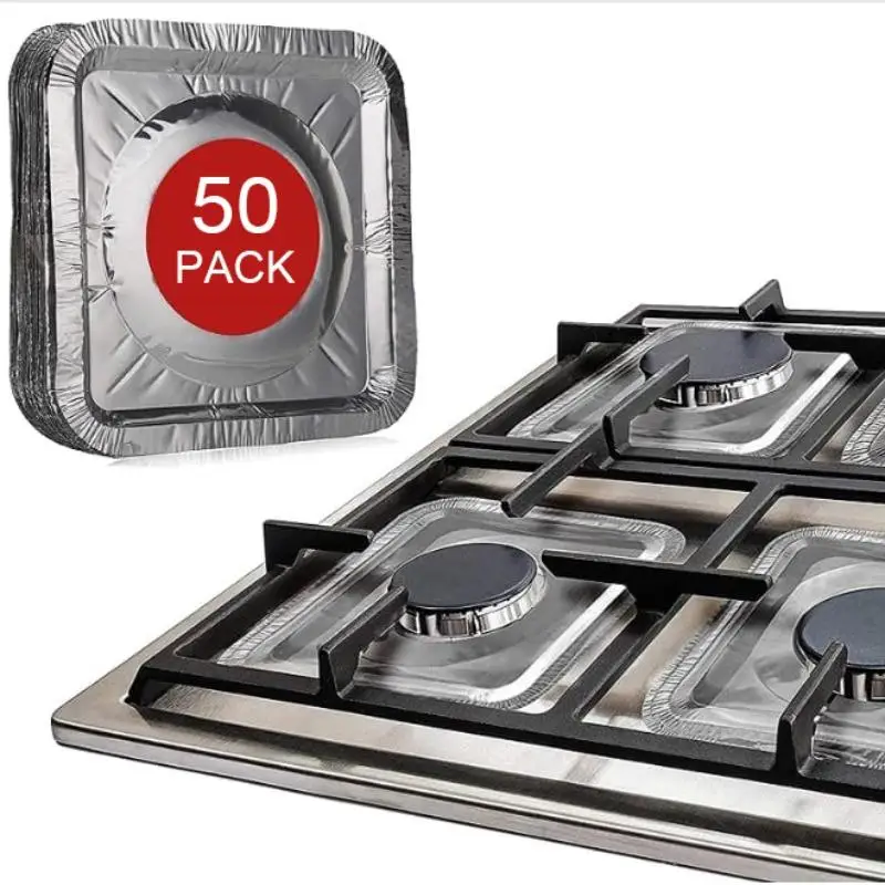 50pcs Disposable Aluminum Foil Gas Stove Protector, Square Stove Burner Liners, Kitchen Accessories