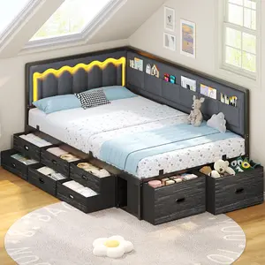 ADORNEVE Corner Bed Frame Twin with 8 Drawers, 6 Storage Pockets, Twin Daybed with Storage and RGB Wave Lights, Twin Size Platform Bed with L-Shaped Upholstered Guardrail for Kids Teen