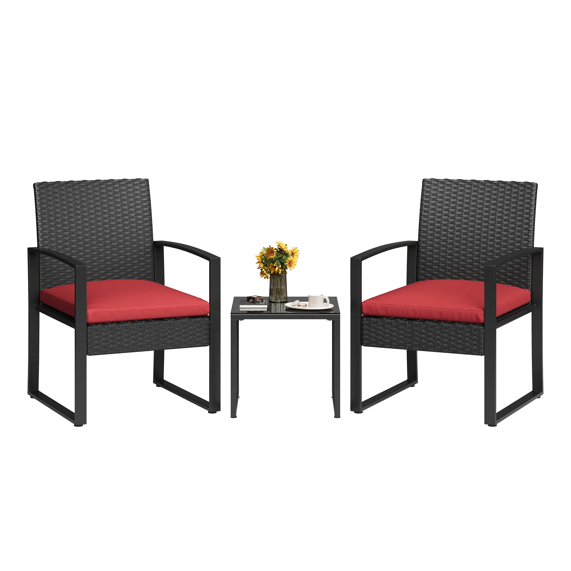 All-Weather 3 Piece Patio Bistro Set - Black Rattan Outdoor Bar Set with Tempered Glass Table - Conversation Chairs for Garden, Balcony, Backyard - Includes Modern Urban Style Cushions summerwins