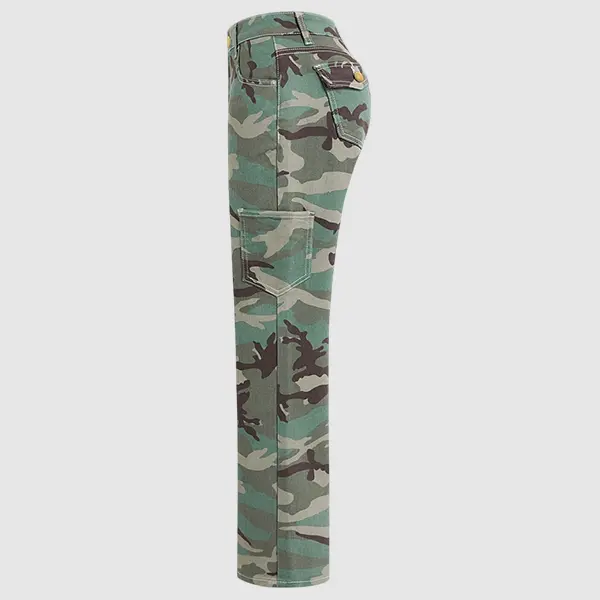 Flamingals Stretchy Camo Print Mid Rise Straight Leg Pants