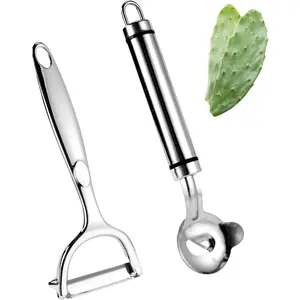 2 count Cactus Peeler Tools, Stainless Steel Cactus Paring  and Peeler Spoon Long Handle Slicing Noodle  with Hole for Cactus Kitchen Cooking Noodles