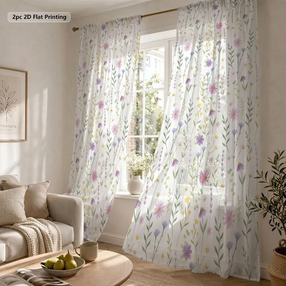 2pcs Delicate Floral Sheer Curtains, Lavender Stems & Pastel Bloom Print Light Filtering Privacy Window Drapes, Lightweight Polyester Rod Pocket Panels for Home Decorative Curtain, Semi Sheer Curtain