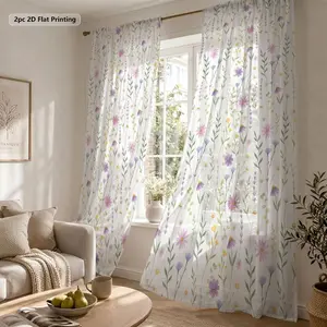 2pcs Delicate Floral Sheer Curtains, Lavender Stems & Pastel Bloom Print Light Filtering Privacy Drapes, Lightweight Polyester Rod Pocket Panels for Home Decor