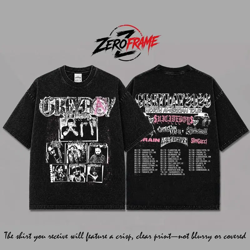 GreyDay 2026 Tour Graphic Black Washed T-Shirt, Suicideboys G59 Music Tour Merch, Bones Night Lovell Germ Ramirez Black Smurf Concert Tee, Underground Hip Hop Rap Shirt, Festival Fan Apparel, Live Show Graphic Tee, Unisex Streetwear Gift
