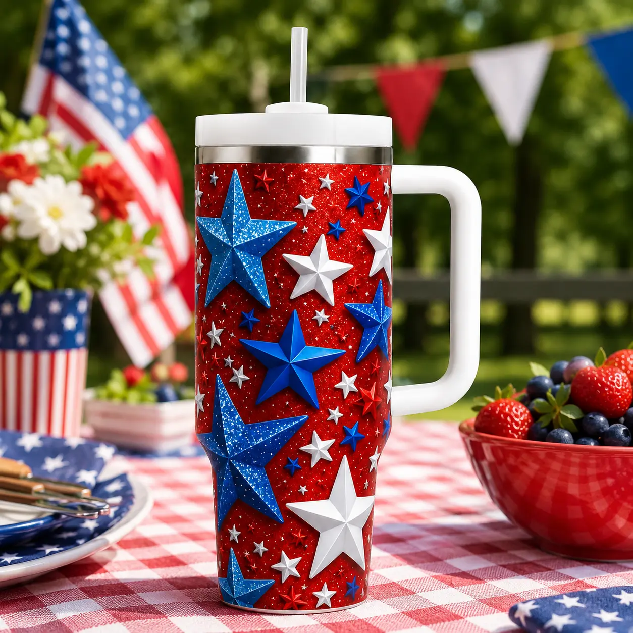 3D Printed Patriotic Stars Tumbler with Handle, Lid, Straw - Portable Red White Blue Travel Tea Cup, USA Pride Gift for July 4th Independence Day