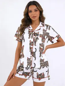 2-Piece Women's Sleepwear Set, Cat Print Short Sleeve Shorts, Casual Fitted Pajamas with Small Pocket, Elastic Waistband, All Seasons Comfort