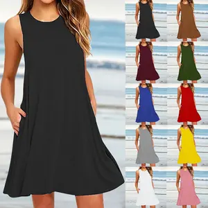Women's Summer Sleeveless Tank Dress with Pockets Flowy Casual Knee-Length Loose Fit O-Neck Sundress Basic Minimalist Everyday Outfits