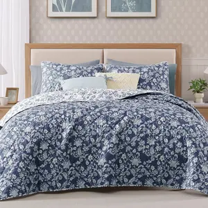 Quilt Set Twin Size, Oxford Blue Floral Quilt Sets, Reversible Bedspread Lightweight and Breathable for All Seasons, Soft Quilted Bedspread with 1 Pillow Sham