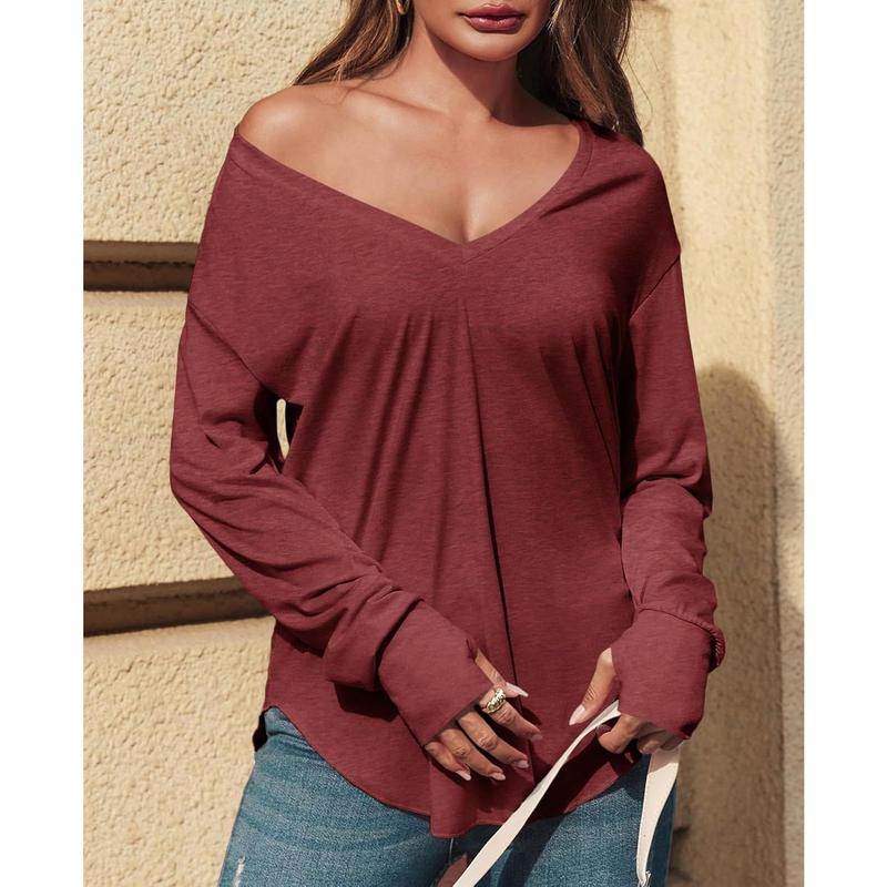 Imily Bela Womens Deep V Neck Tunic Tops Long Sleeve Oversized Casual Loose Fit Curved Hem T Shirts
