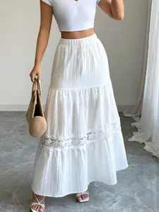 Women's Casual A-Line French Lace Trim Drawstring Waist Maxi Dress, Summer Vacation Wear, Loose-Fitting Skirt, All Seasons