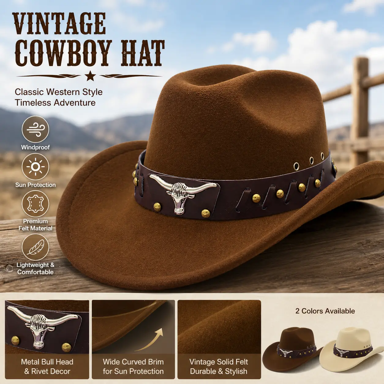 Vintage Solid Felt Western Cowboy Hat For Men Women, Metal Bull Head Rivet Leather Band Wide Curved Brim Cowgirl Fedora Hat, Windproof Outdoor Travel Rodeo Country Style Sun Hat