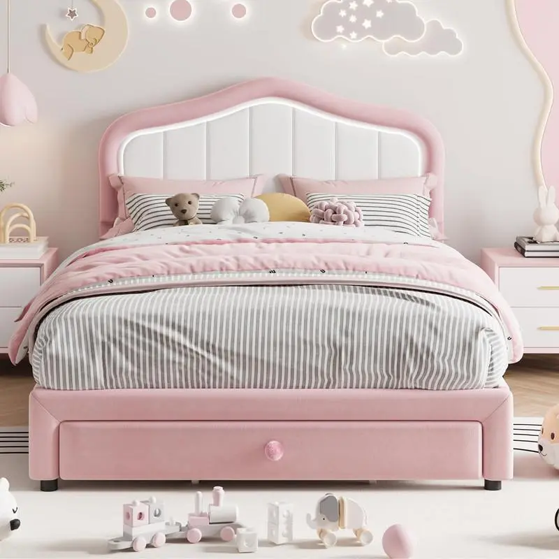 Gaomon Twin XL Velvet Upholstered Wood Storage Bed Frame - Silent Noise-Free Slat System, Durable Non-Toxic Headboard, LED Lights, No Box Spring Needed, Pink-White for Girls