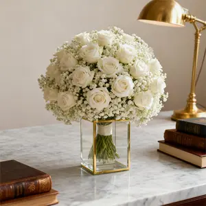 Artificial flower bouquet set with white baby's breath and white roses, includes single-stem mini roses, buds, and baby's breath bouquet. Contains white roses and white baby's breath. Suitable for weddings, home, and office decoration, spring floral arran