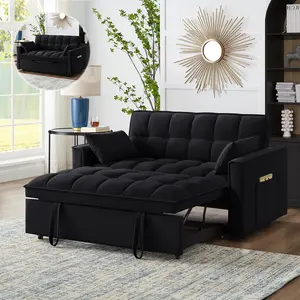 4 in 1 Sleeper Sofa Couch Bed, Velvet Loveseat Convertible Sofa Bed with Adjustable Backrest, Pull-out Sofa Bed with Armrests, Storage Pockets & 2 Pillows for Living Room Apartment Bedroom Office