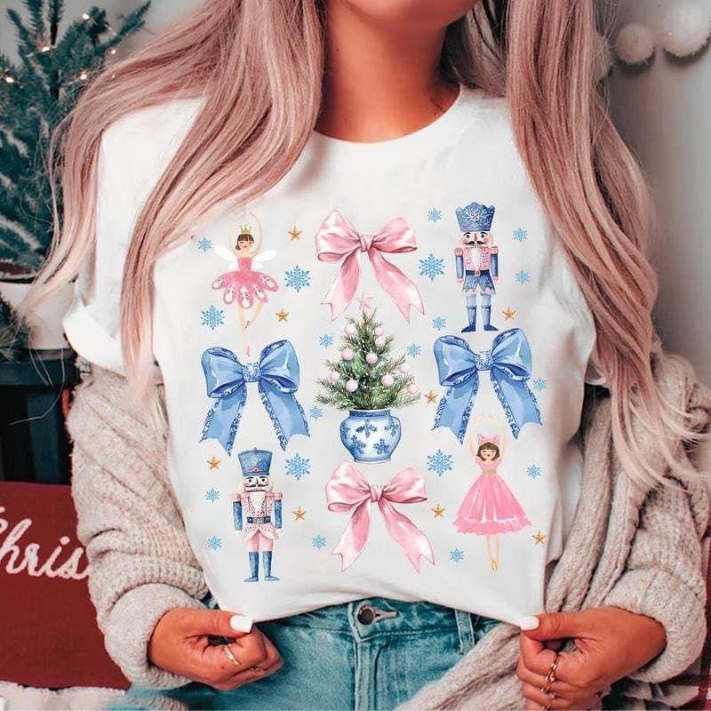 Coquette Nutcracker Christmas T-Shirt - Preppy Pink Christmas Tree Sweatshirt, Holiday Vibes Clothing, Unisex Cotton Crewneck