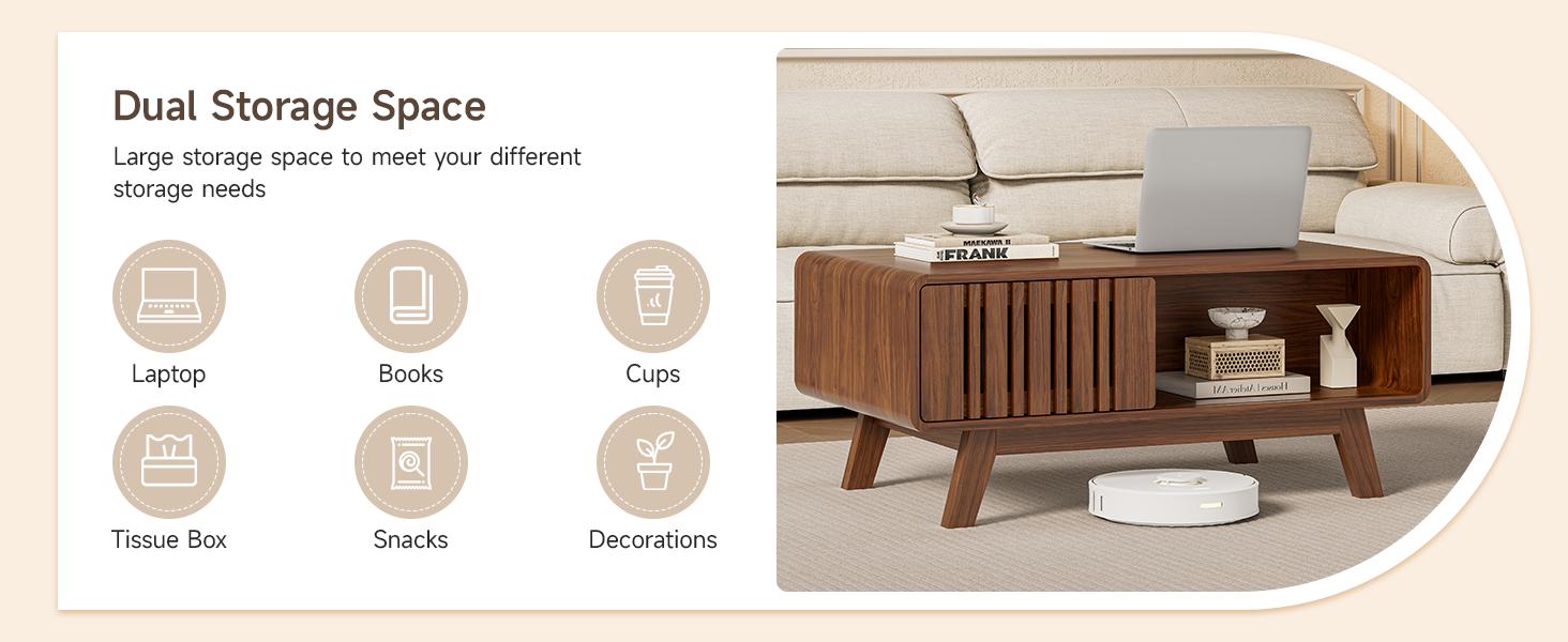 【SPOTLIGHT DAY】ONBRILL Coffee Table, Mid Century Modern Table with Storage Compartment, Fluted Table with Sliding Cabinet Door, Farmhouse Wood Coffee Table for Living Room