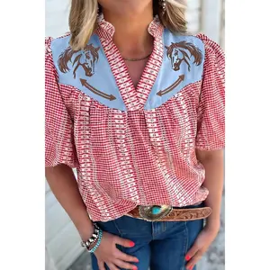Red Western Horse Embroidered Puff Sleeve Gingham Blouse