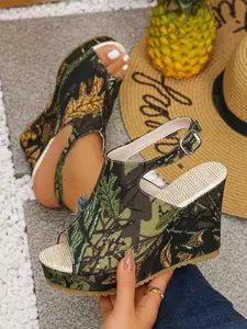 Fashion Women's Plant Print Open-Toe Wedge Sandals, Buckle Design, Anti-Slip Durable Sole, Heel Lift Slimming Effect