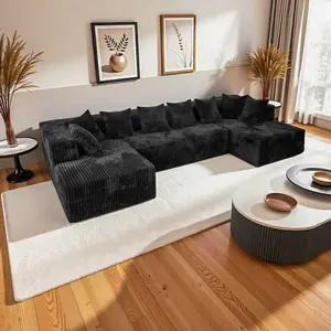 135-in Black Corduroy U-Shaped Modular Convertible Sectional Couch Bed - Pre-Assembled Boneless Modern Sofa, Modern Sofas Set, Deep-Seat Living Room Couch, High-Density High-Resilience Foam, 8 Pillows