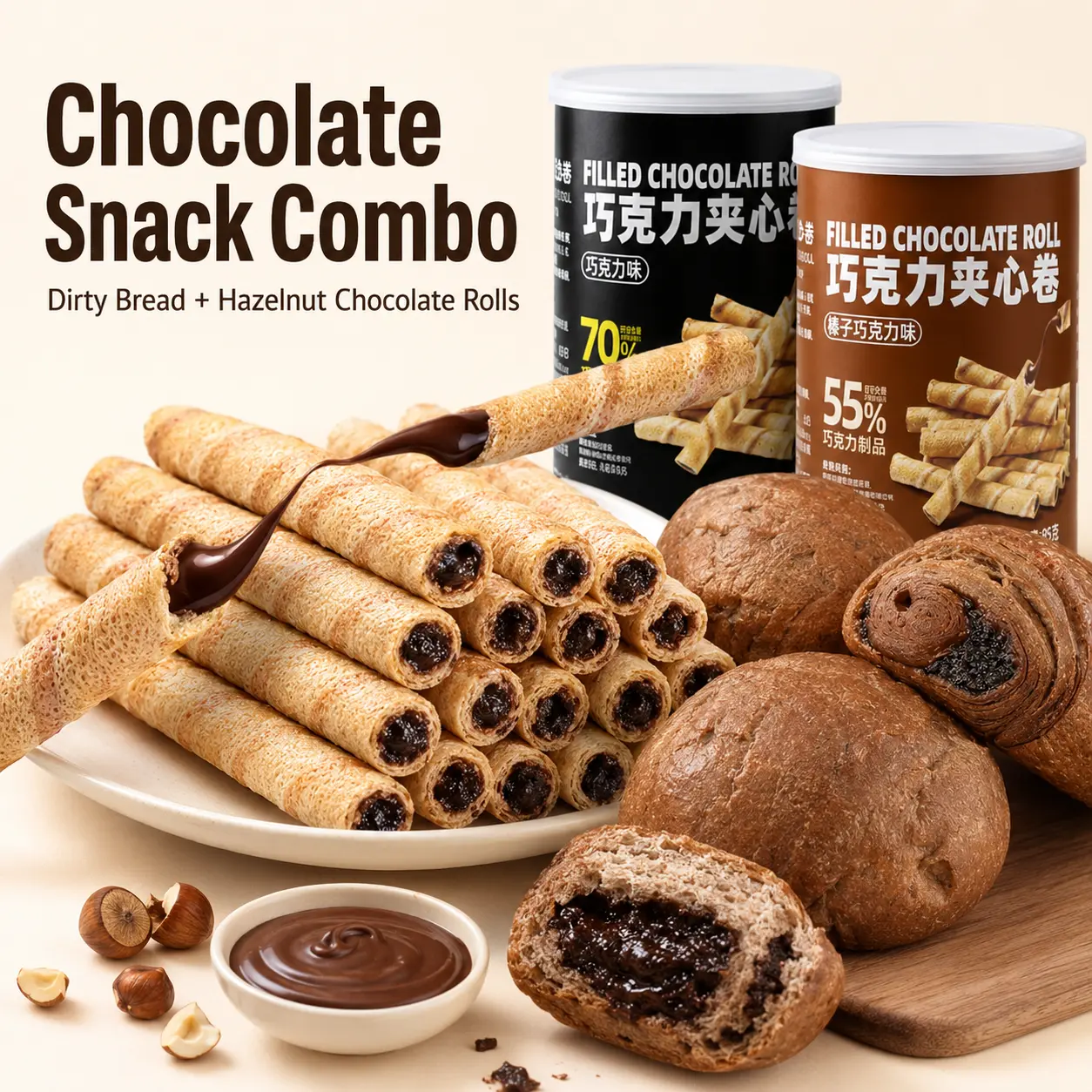 Dirty Chocolate Croissant & Hazelnut Chocolate Wafer Rolls Gift Set – Messy Cocoa Pastry with Chocolate Lava + Creamy Crispy Hazelnut Sticks, Individually Wrapped Sweet Duo for Afternoon Tea, Office, Party & On-the-Go