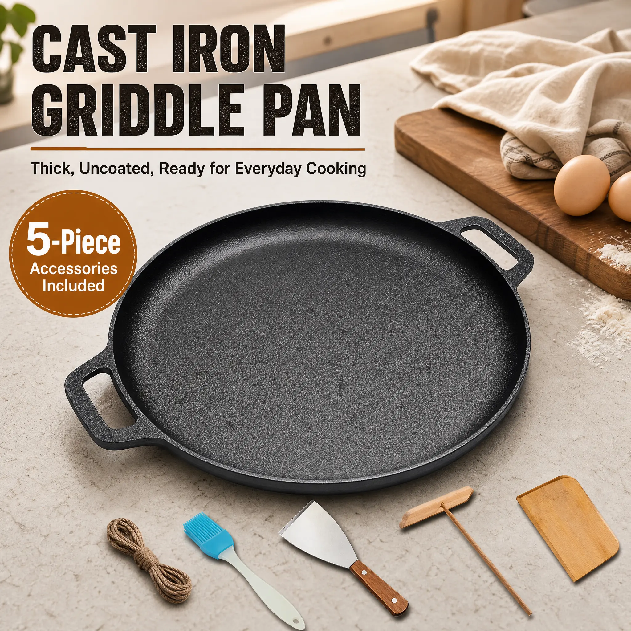 Sturdy Extra-Thick Cast Iron Griddle Pan with Dual Handles - Uncoated, Flat-Bottomed Skillet for Frying Eggs, Baking - Includes 5-Piece Accessory Set (Anti-Scald Hemp Rope, Silicone Brush, Spatula, Oil Applicator) for Outdoor Kitchen Supplies, Bake, Cookw