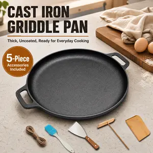 Extra-Thick Cast Iron Griddle Pan with Dual Handles — Uncoated, Flat-Bottomed Skillet for Roasting, Frying Eggs, and Making Pancakes — Includes a 5-Piece Accessory Set (Anti-Scald Hemp Rope, Brush, Spatula, etc.)