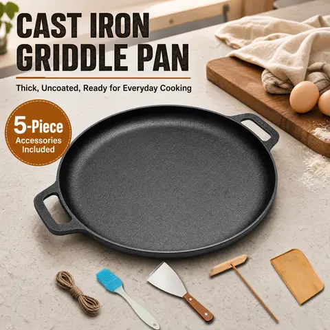 Thick Uncoated Cast Iron Multi-Dish Griddle Pan (Cookware, Metal) with Ergonomic Handles, Dual Flat Bottom, Even Thermal Heating + 5-Tool Set for Outdoor Cooking, Campfire Meals (Anti-Scald Hemp Rope, Silicone Brush, Spatula, Oil Applicator)