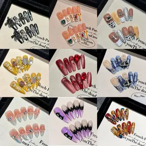 Press On Nails - Handmade Medium Length Glossy Nails with 3D Charm, Easy Gel Nail Polish, Includes Storage Box & Additional Nails Gelnailstickerset B38