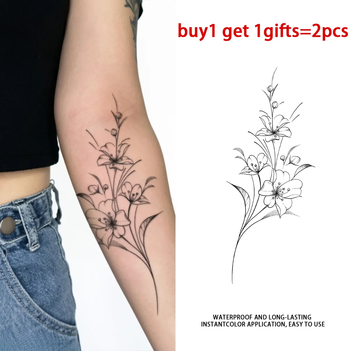 Black Stippled Fine Line Vertical Lily Floral Temporary Tattoo Stickers 2 Pack, Long Lasting Semi-Permanent Waterproof Minimalist Botanical Fake Body Tattoos, Elegant Forearm Calf Flower Tattoo For Women Men