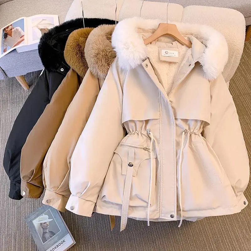 Women's Fitted Fleece-Lined Down Jacket, Soft Korean Style Hooded Parka with Long Sleeves, Warm Padded Winter Coat for Outdoor and Commuting, Long Sleeve, Simple, Breathable, Minimalist, Basic