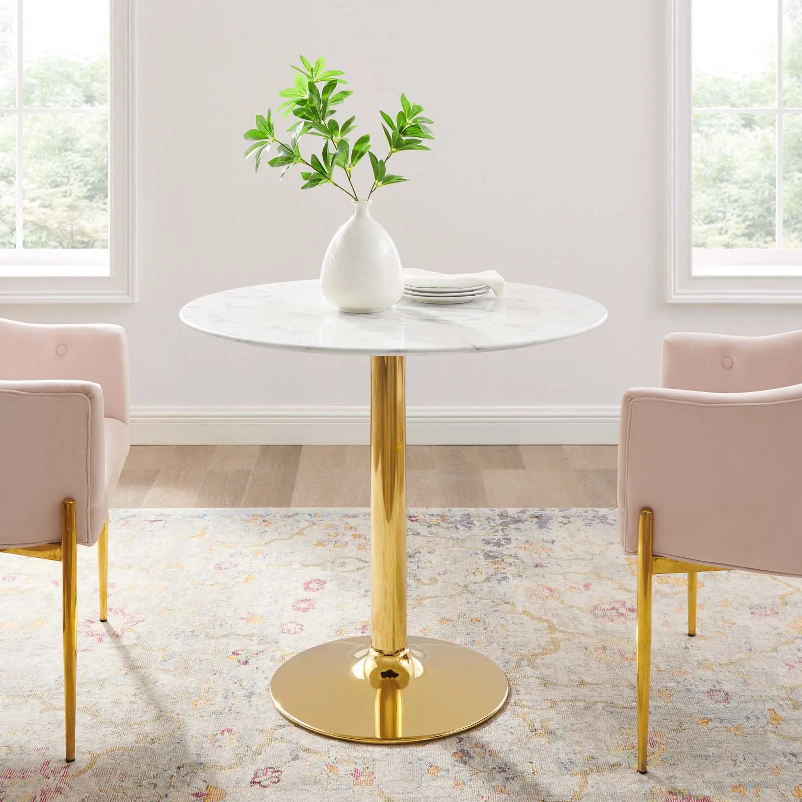 Modway Verne 35" Modern Round Artificial Marble Dining Table, Gold-White Indoor Dining Room Furniture