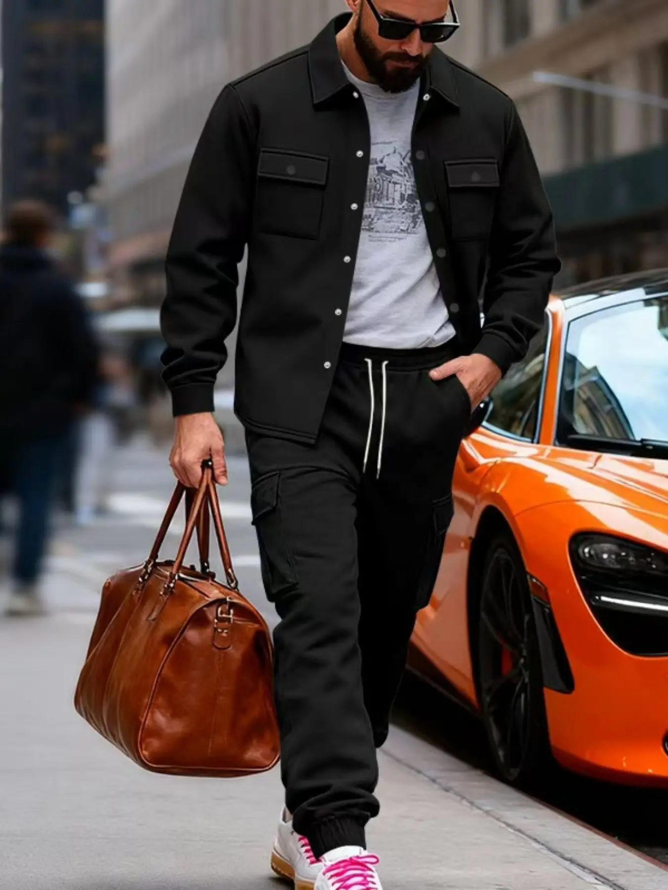 Men's lapel jacket and work pants two-piece set .buttoned long-sleeved jacket and multi-pocket drawstring long pants. A Loose casual tactical military style suit, suitable for urban daily wear and outdoor activities in autumn and winter Menswear