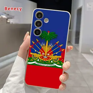Haiti Emblem Pattern Straight Edge Phone Case Compatible with SAMSUNG Galaxy S26 Ultra S24 S23 Plus S25 S22+ Shockproof Drop Protection Rugged Durable Liquid Silicone Cover Cellphone Protective
