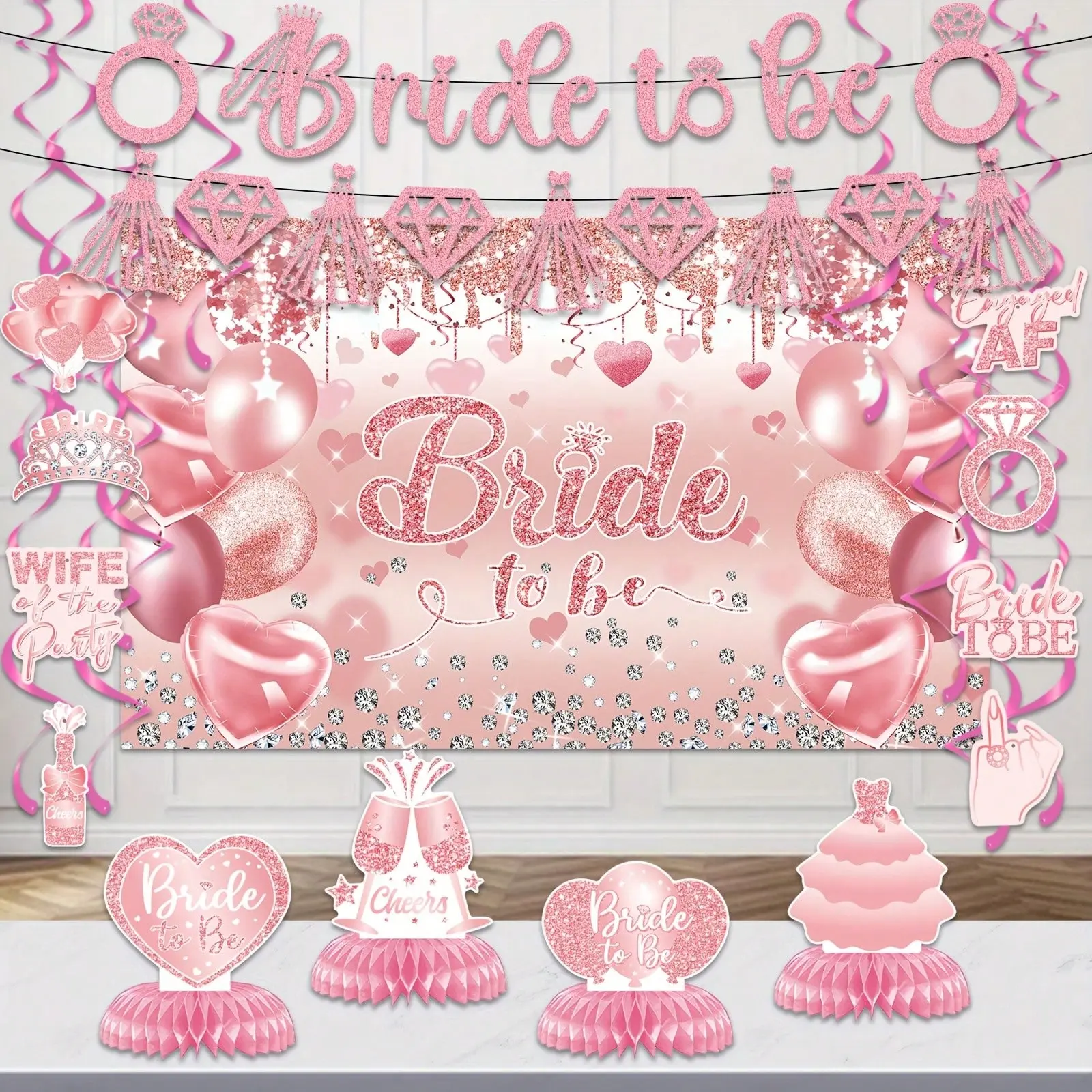 Bachelorette Party Decorations Kit, Bridal Shower Banner Photo Backdrop with Honeycomb Centerpiece & Hanging Swirls, Bride to Be Party Supplies, 3.6 x 5.9 FT (110 x 180 cm)