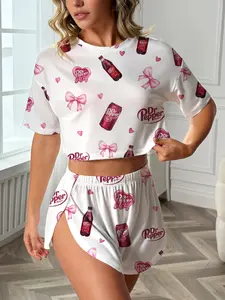 Women's 2-Piece Sleepwear Set, Watermelon Bowknot Print, Casual Loose-Fitting Round Neck Short Sleeve Top and Above Knee Shorts, Pajama Set, Loungewear, Pjs, Ribbon Pajamas, Nightwear Lounge Set